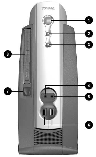 Snabbinstallation Steg 5: Identifiera frontpanelens komponenter 1 knapp med två lägen 2 På/av-lampa 3 Systemaktivitetslampa 4 Mikrofonkontakt