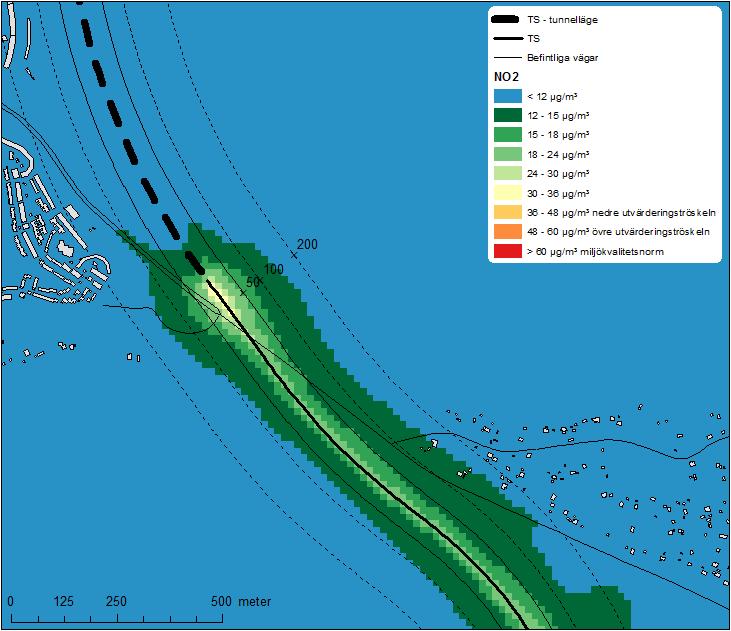 Figur 5: NO2 halter för det 8:e värsta dygnet (miljökvalitetsnormen för dygnsmedelvärde) för år 2035 vid