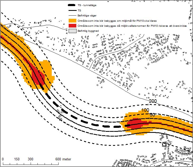 Figur 10: Område där bostadsbebyggelse och vistelseytor inte bör placeras om miljökvalitetsnorm och miljömål ska klaras för PM10.