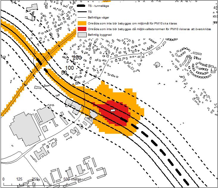 Figur 13: Område där bostadsbebyggelse och vistelseytor inte bör placeras om miljökvalitetsnorm och miljömål ska klaras för PM10.