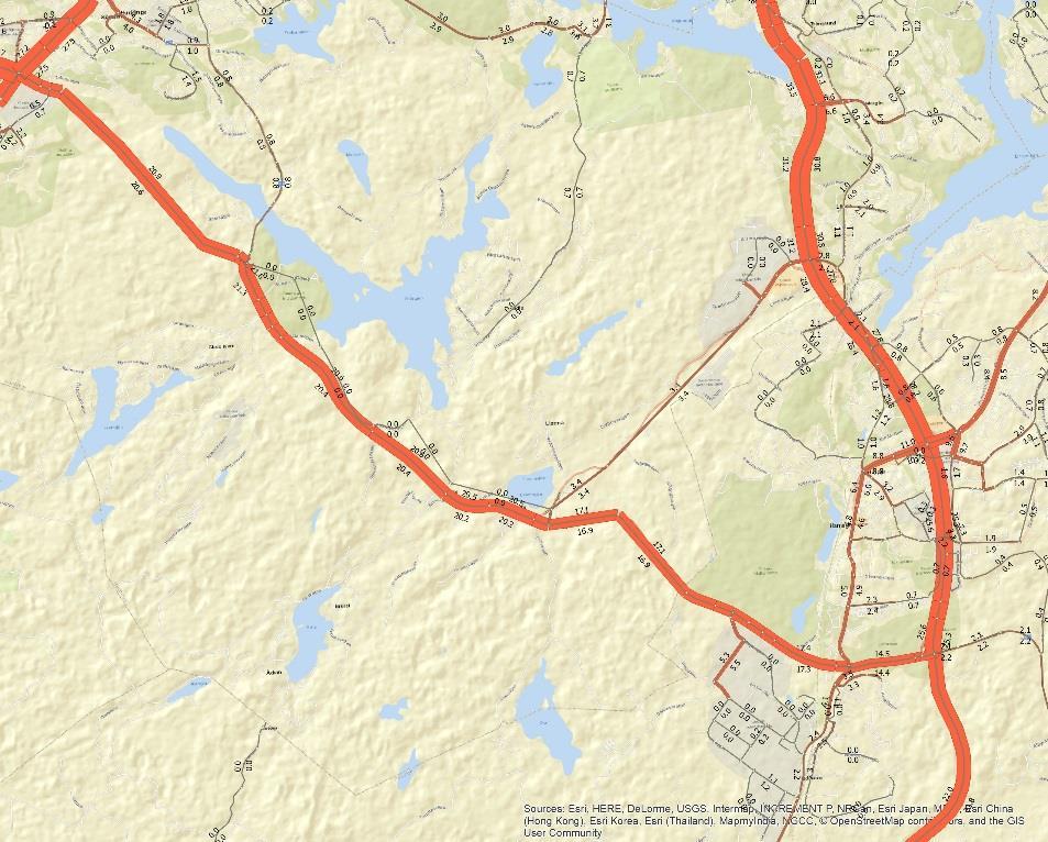 Figur 3: Trafikmängd per årsmedeldygn längs den östra delen av Tvärförbindelse Södertörn och omkringliggande vägar.