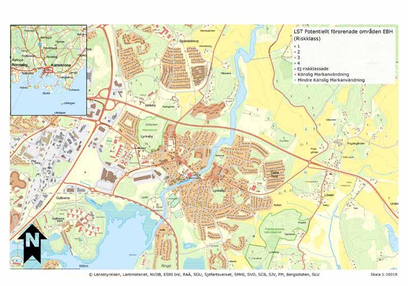 Potentiellt förorenade områden. Utdrag från länsstyrelsens web-gis. Genom en ombyggnad av gatorna kan hastigheterna minskas och förhoppningsvis även trafikmängden genom att genomfartstrafiken minskar.