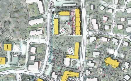 Den nya byggnaden skulle kunna sammanbyggas med en lägre entrédel till den äldre gula Ekebacken Ny förskola Utrdag ur illustrationsplanen. Nyréns Arkitektkontor. Bild 83.