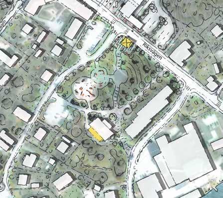 Parken föreslås utvecklas med attraktivare ytor för möten, vistelser och aktiviteter. En ny mindre byggnad för exempelvis servering i parkens norra del mot Riksvägen.