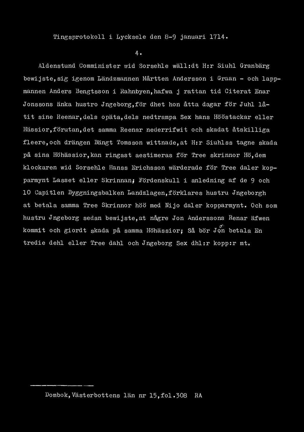 i Tingsprotokoll i Lycksele den 8-9 januari 1714 4.