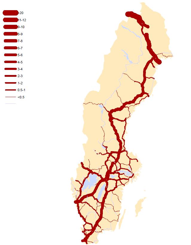 år 2040. Metoden finns dokumenterad i en PM tillsammans med resultaten, som även lagts in i kalkylverktyget Bansek 50. Figur 7.1 Godsvolymer per sträcka år 2014 (miljoner nettoton per år).