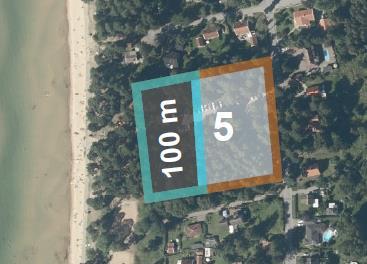 Strandskydd Figur 2. Samtliga fem planområden, där områdena 2-5 berörs av strandskydd. På område 5 återinträder strandskydd till 100 m.