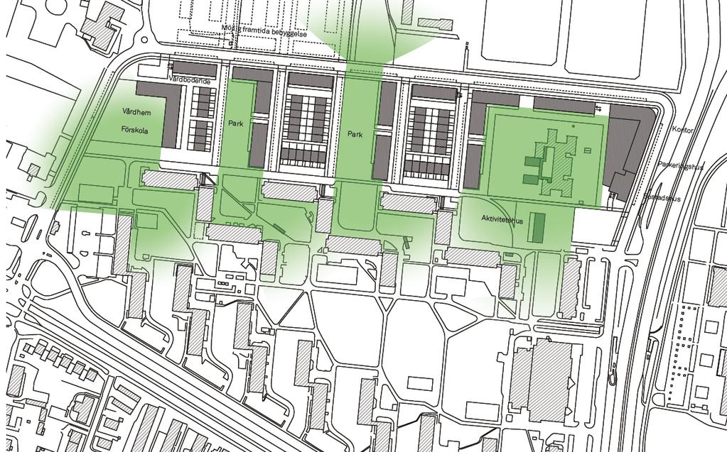 Eskilstuna kommun 2017-09-07 5 (9) Bebyggelse Bild 5 En övergripande strukturplan över gatu- och kvartersstrukturen är föreslagen samt vilka ytor som blir parkmark. Illustration Spridd arkitekter.