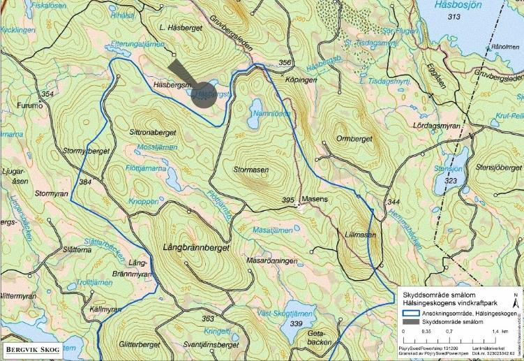 Karta 9 visar förslaget på nyckelhål för Häsbergstjärnen, dvs en cirkulär skyddszon som ger insynsskydd vid häckplats samt en fredad korridor för uppflog.