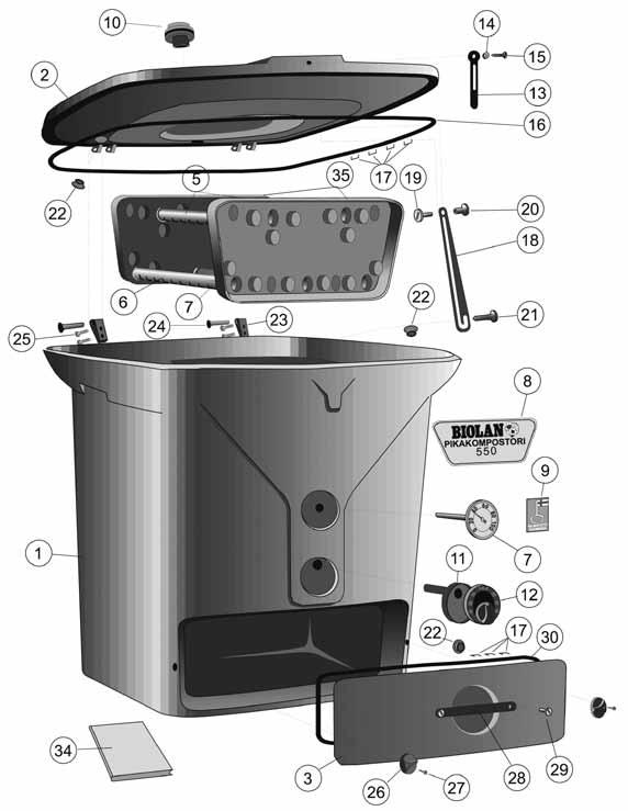 Delförteckning för Biolan Snabbkompostor 550 Del Benämning Nummer Material 1 Stomme 17734000, isolering 2 Lock 17734020, isolering 3 Tömningslucka 17734030, isolering 5 Övre luftrör, längd 69 cm