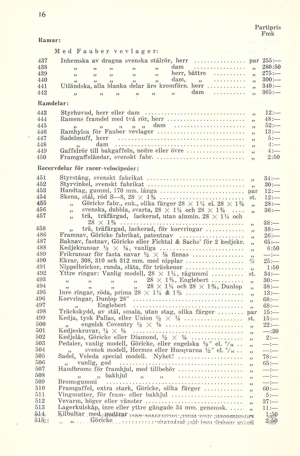 .gßiriojiojäl Ramar: Med Fauber vevlager: Partipris 437 Inhemska av dragna svenska stålrör, herr par 255: 438 dam 280:50 439 herr, bättre 275: 440 dam, 300: 441 Utländska, alla blanka delar äro