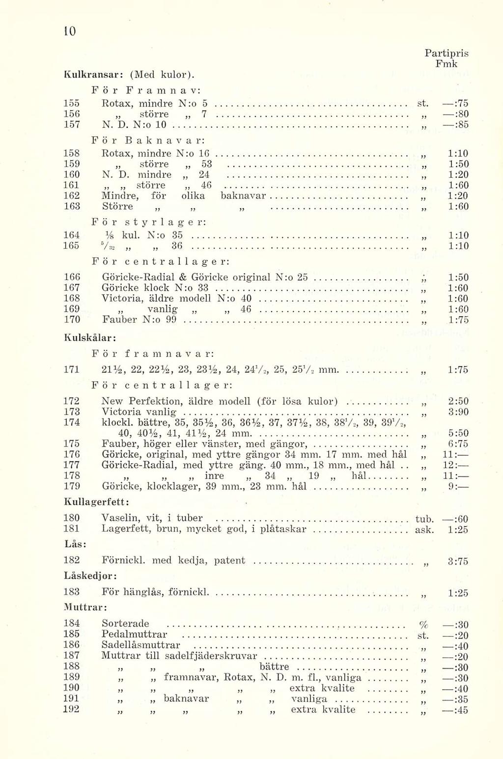Partipris Pmk Kulkransar: (Med kulor). För Framnav: 155 Rotax, mindre N:o 5 st. :75 156 större 7 :80 157 N. D.