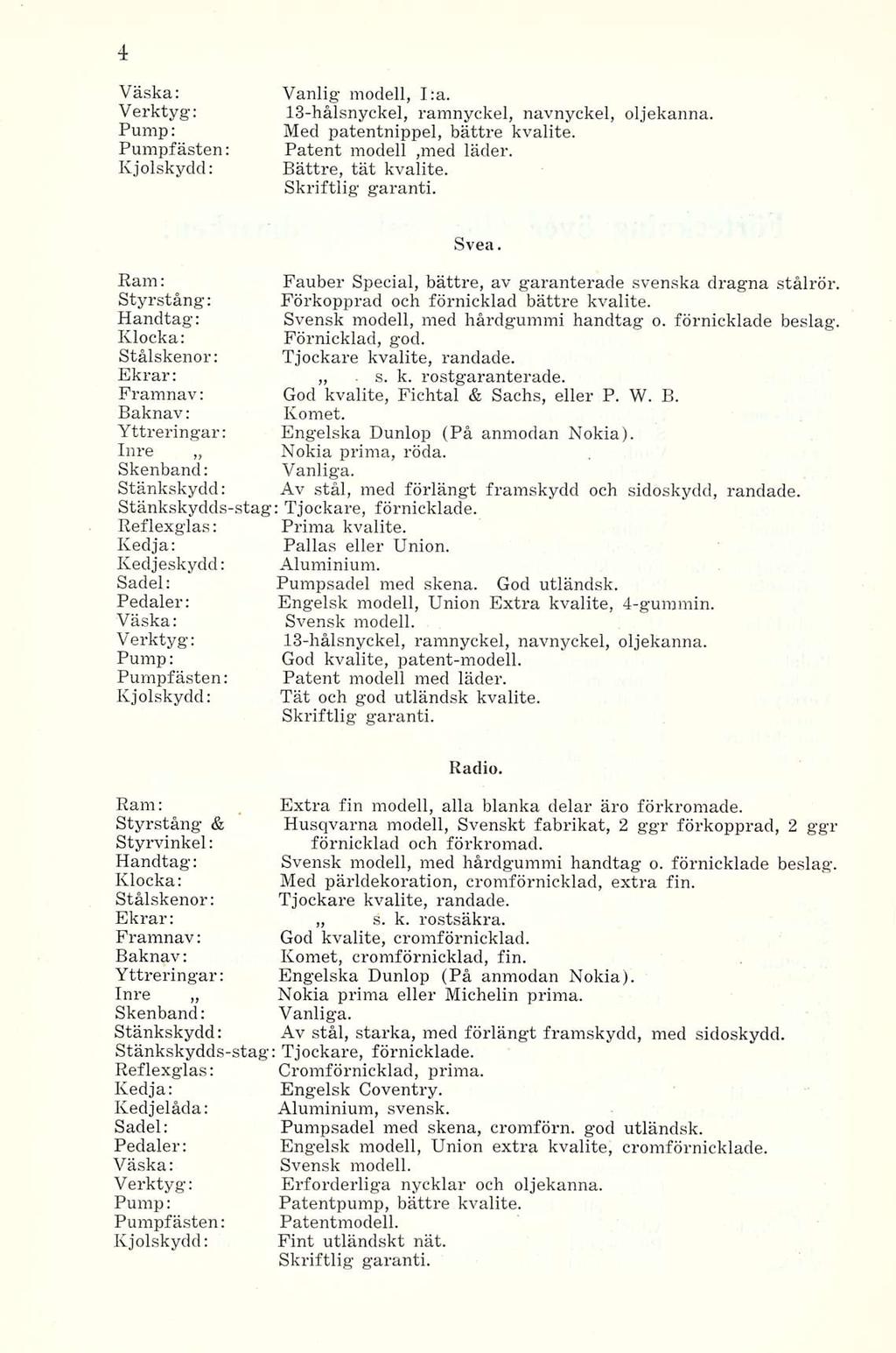 Väska: Vanlig modell, I;a. Verktyg: 13-hålsnyckel, ramnyckel, navnyckel, oljekanna. Pump: Med patentnippel, bättre kvalité. Pumpfästen: Patent modell,med läder. Kjolskydd: Bättre, tät kvalité.