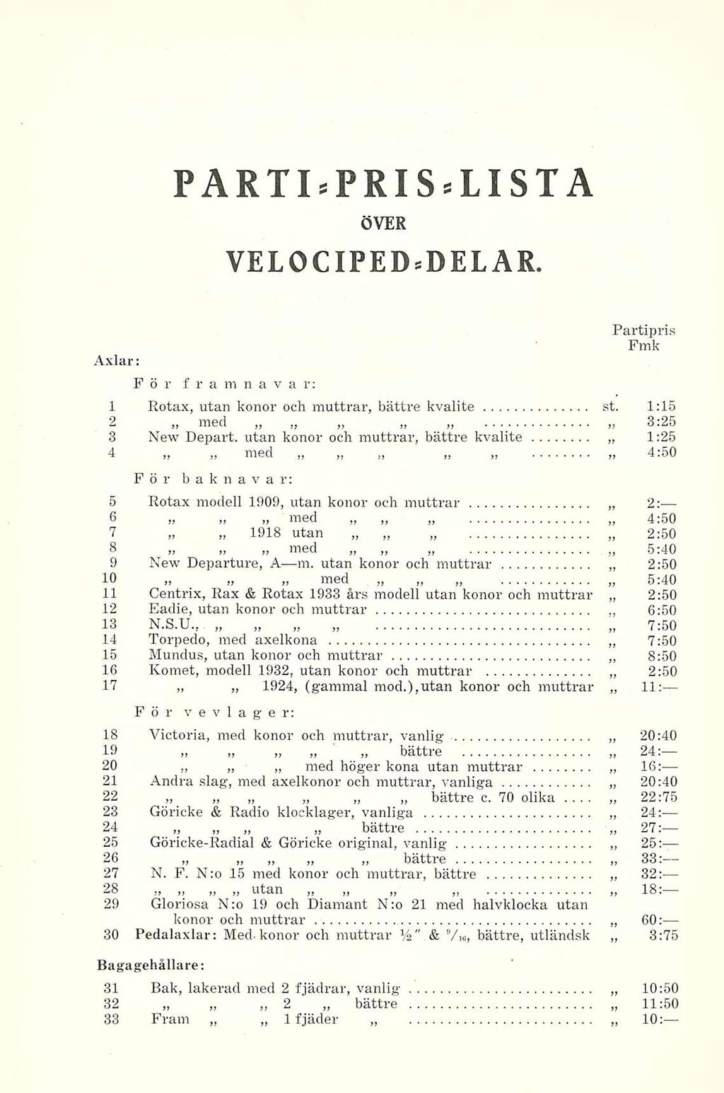 PARTIsPRISsLISTA ÖVER VELOCIPEDsDELAR. Axlar: För framnavar: Partipris Fmk 1 Eotax, utan konor och muttrar, bättre kvalité st. 1:15 2 med 3:25 3 New Depart.