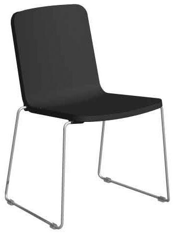 POMPIDOO S-085 Stapelbar stol på medar. Stativ i rostfritt stål, sits och rygg i PUR. Närmaste NCS färger: röd (S2570-Y90R), grå (S6000-N), ljussvart (S7500-N). Stackable chair on metal runners.
