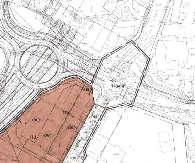 Röd markering på utsnitt nedan visar ungefär vilken del av befintliga detaljplaner som är berörda av den nya entrén. Utsnitt av plankartan för Sicklaön 83:22 (dp 451).