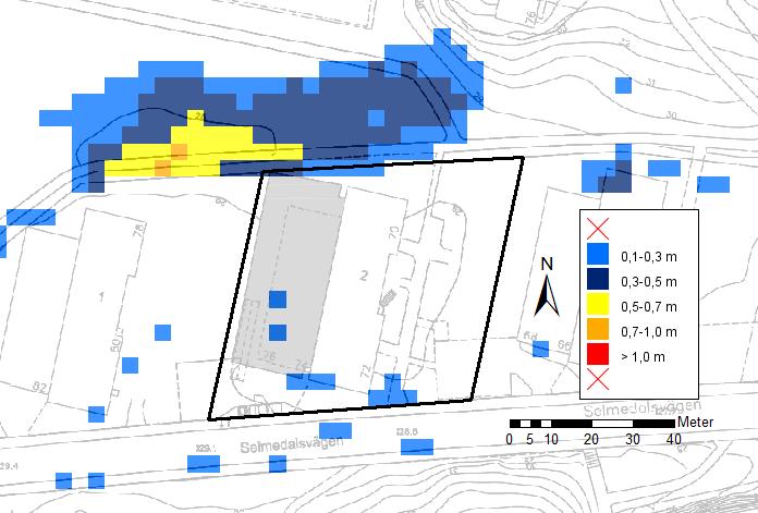 Figur 4-1. Maximala översvämningsdjup från Stockholms stads skyfallsmodell, scenario c, inom och omkring planområdet. Data hämtat från Stockholms stads dataportal (http://dataportalen.stockholm.