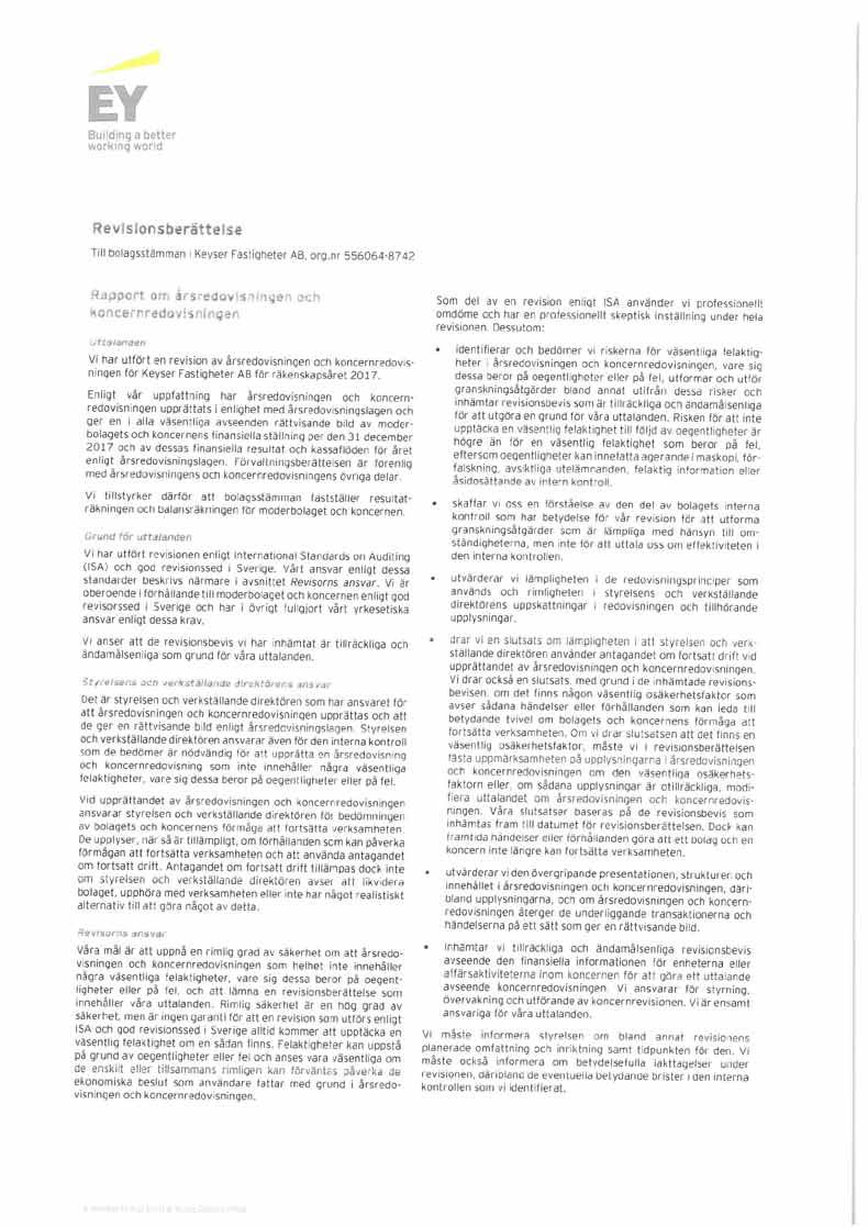 Revisionsberättelse 34 Keyser Fastigheter AB, org. nr.