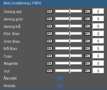 Kontroller för användaren INSTÄLLNING Färg Färg Avancerade individuella justeringar av röd, grön, blå, gul, cyan, magenta och gul.