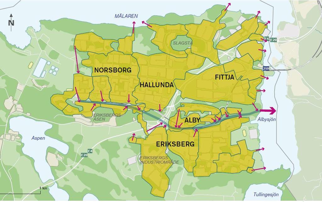 Figur 6 - Tekniskt avrinningsområde för Norra Botkyrka. Placering av lastkaj markeras med röd cirkel. Källa: Dagvattenstrategi för Botkyrka kommun.