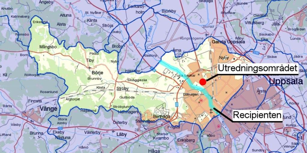 Figur 7. Avrinningsområde. Utredningsområdets ungefärliga placering inom avrinningsområdet markerat med röd prick, recipienten accentuerad med turkost. Bildkälla VISS, 2017a. 4.
