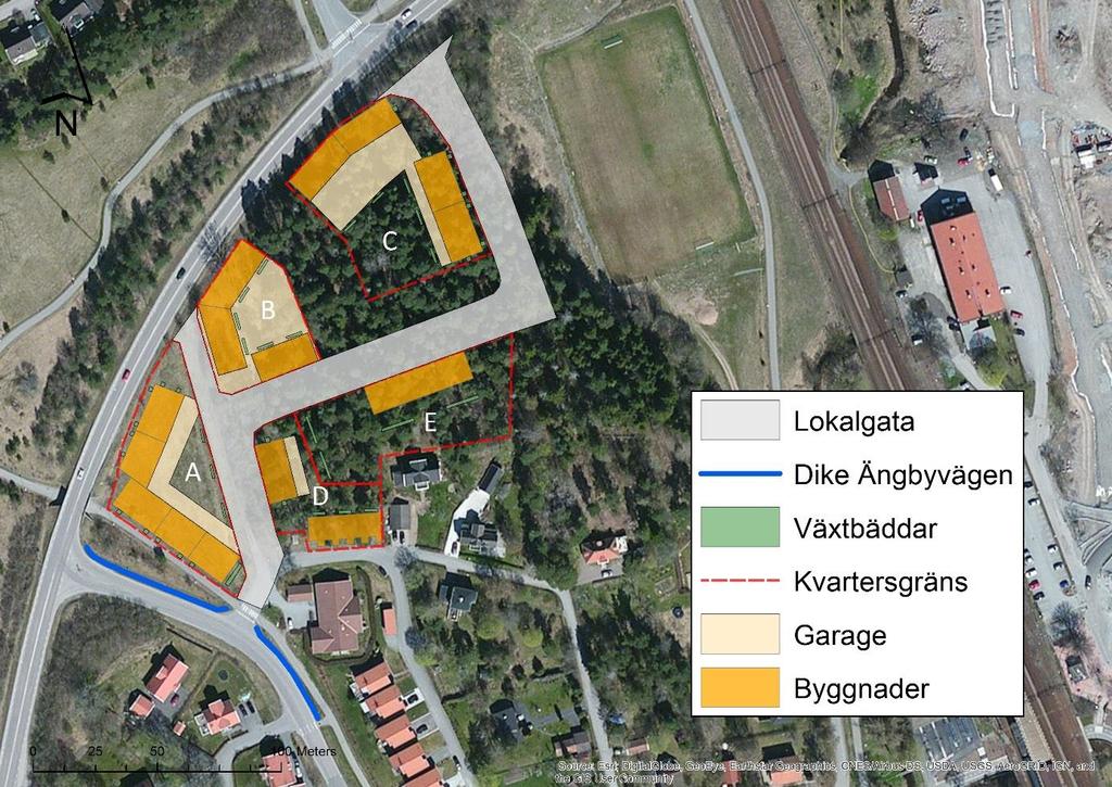 Lösningsförslagen för varje kvarter bygger på samma typ av dagvattenlösningar. Växtbäddar som är något nedsänkta och har förmågan att rena och fördröja dagvattnet inom kvartersmarken.