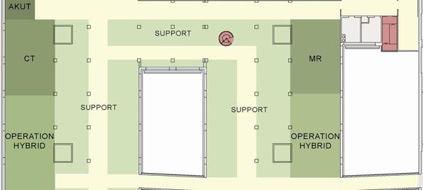 Plan 04 Hybridsalar för operation radiologi intervention Etapp 2 Etapp 1 Kombinationsmetoder Det programmeras för totalt fem hybridsalar med möjlighet att placera radiologisk utrustning på samtliga