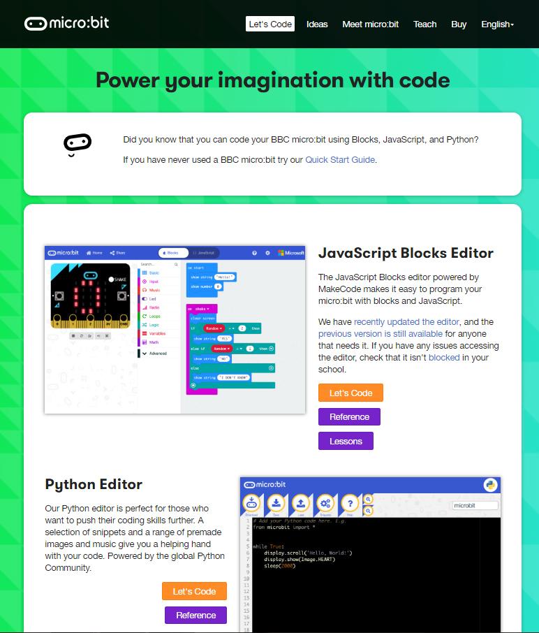 När du valt menyn Let s code kan du välja om du vill programmera Micro:biten med JavaScript Blocks Editor eller med Python Editor.