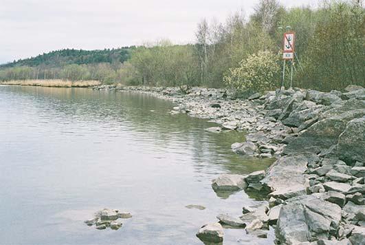 7. Göta älv, Lärjeholm Datum: 2003-04-25 Flodområde: Göta älv Koordinat: 641105/127392 F Skylt N Stängsel Väg Vattenintag Järnväg Från kabelskylt och 10 m nedströms.