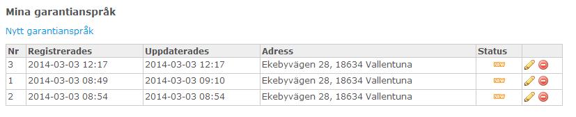 Garantianspråk konsument Mina garantianspråk Klickar man på länken Garantianspråk konsument kommer man till en sida där de registreringar man tidigare gjort visas i en lista och där kan man också