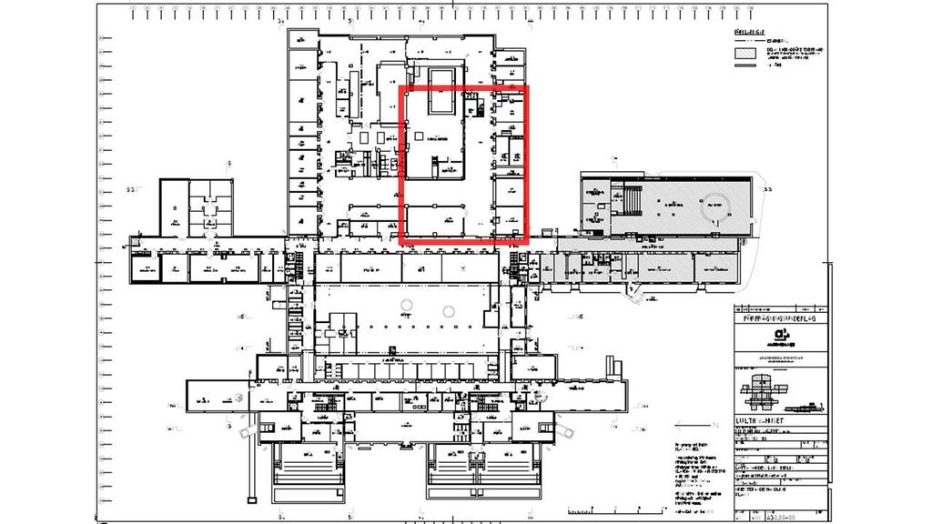 Figur 5.1 Ritning över östra delen av plan 0 i V-huset (Lund Helgonagården 6:16). Figur 5.