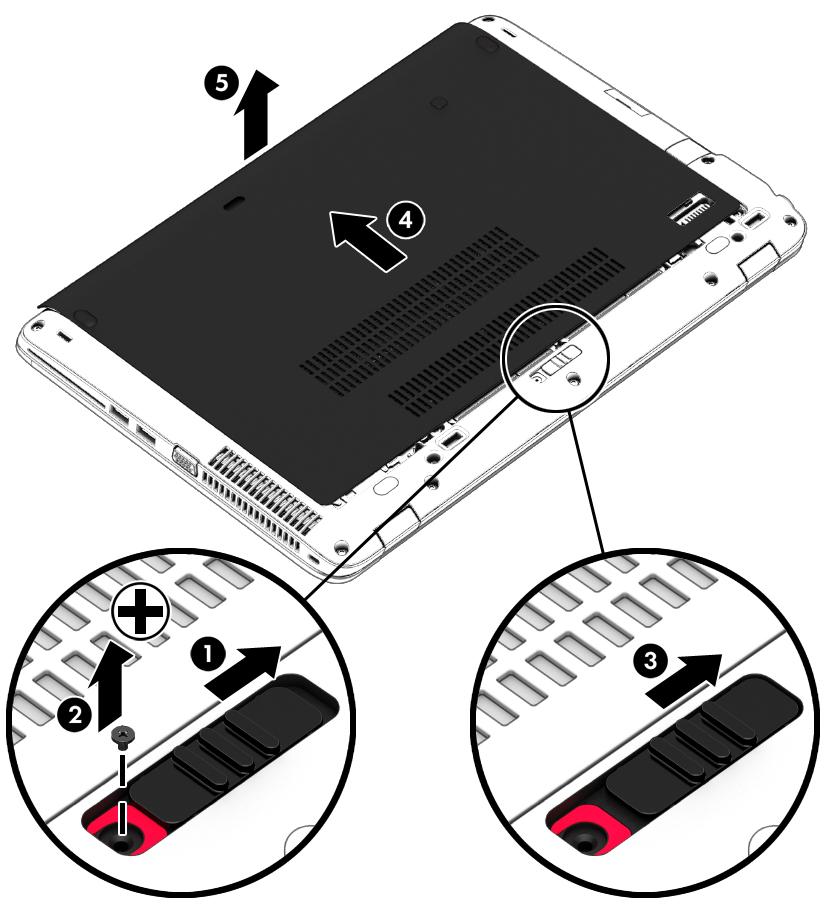 Ta bort eller sätta tillbaka serviceluckan Ta bort serviceluckan Ta bort serviceluckan så att du kommer åt batteriet, minnesmodulplatsen, hårddisken och andra komponenter. 1.
