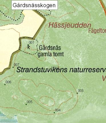 Figur 1. Gårdsnässkogen med de utmärkta stoppunkterna, numrerade 1-7.