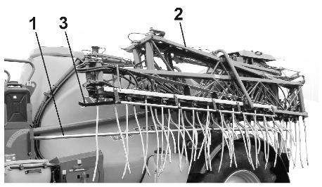 (3) Metallvikter; stabiliserar slangarnas läge under arbetets gång. Bild 114/... (1) Avvisarbygel för transportställning.