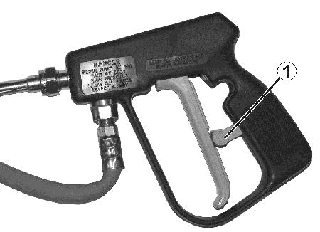 tryckslang, sprutpistol Drifttryck: 10 bar Vattenflöde: 18 l/min (1) Knapp för aktivering av utvändig tvätt.