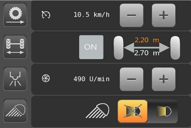 Manöverterminal AMADRIVE 7.4 Huvudmeny Undermeny Drivning, med visning och inställning av farthållaren. Funktionsfält Snabbåtkomst Undermeny Underrede med visning och inställning av spårbredd.