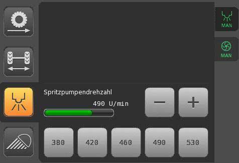 Manöverterminal AMADRIVE Pump Inställning av sprutpumpsvarvtal Direktval av sprutpumpsvarvtalet görs genom aktivering av något av de 5 föreslagna funktionsfälten.
