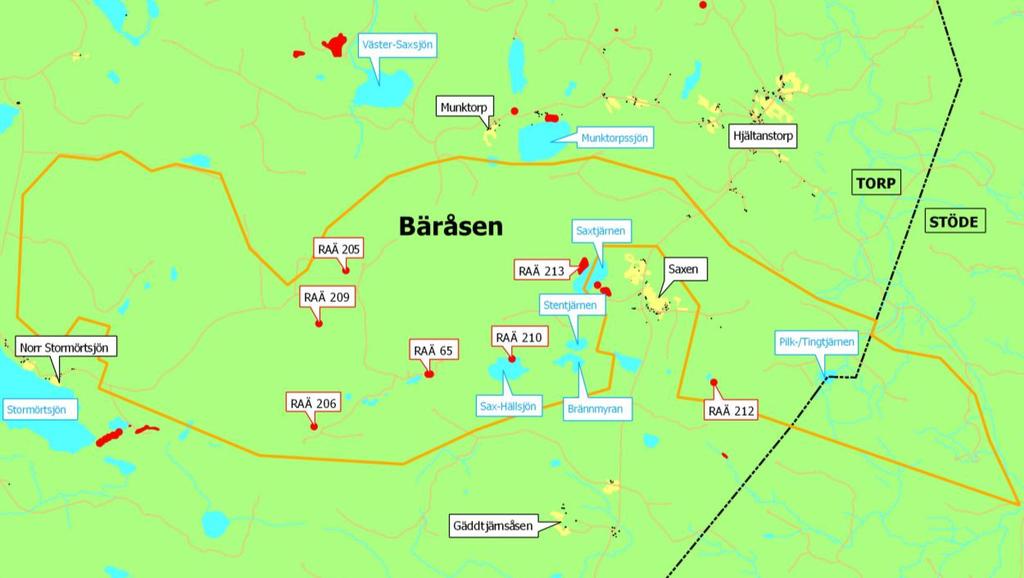 Figur 2. Utredningsområdet berör delar av Torp och Stöde socknar. Kring utredningsområdet finns det flera registrerade kulturhistoriska lämningar.