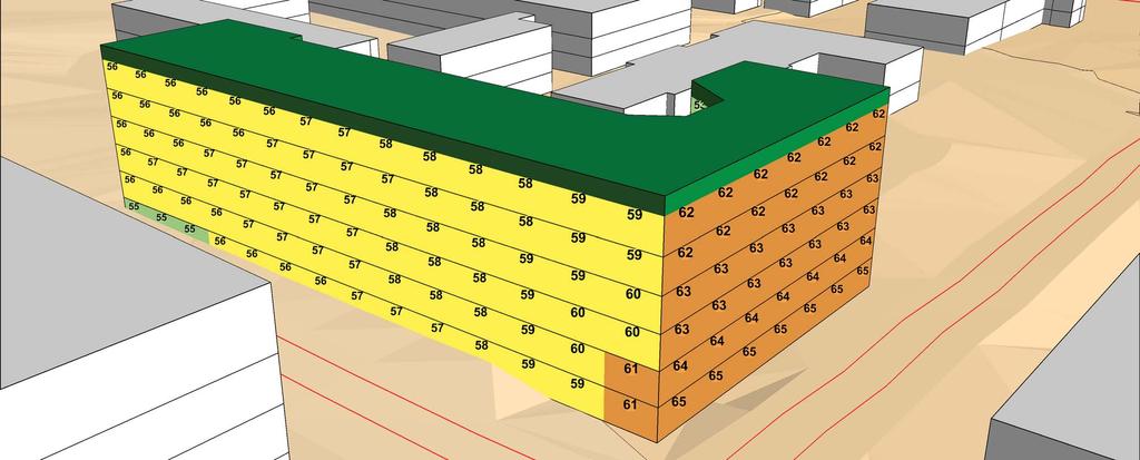 Riktvärde 55 dba ekvivalent ljudnivå (60 dba för lgh < 35 m2) vid alla fasader eller 55 dba ekvivalent och 70 dba maximal ljudnivå på ljuddämpad sida Ekvivalent ljudnivå för dygn i dba > 70