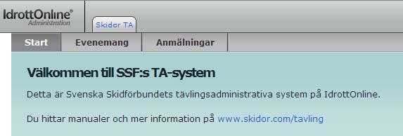 Inledning Svenska Skidförbundet har till säsongen 2009/2010 utvecklat ett nytt webbaserat tävlingsadministrativt system på IdrottOnline (i detta dokument kallat TA-systemet ) som ersätter de tidigare