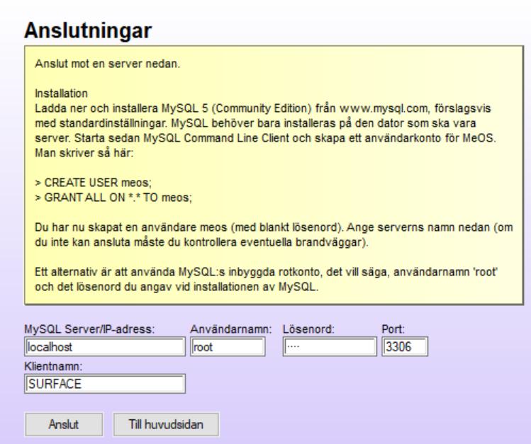 Lösenord: meos I mitt fall heter serverdatorn SURFACE Öppna tävlingen lokalt Ladda upp tävlingen på servern Öppna tävlingen på servern Nu går det att se Anslutna klienter just nu är det bara SURFACE.