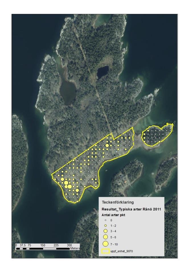 13 Utbredningskartor med förekomst av typiska arter, negativa indikatorer och vegetationshöjd inom uppföljningsytor på Rånö Ängsholme. Jämförelse 2011 mot 2015 Figur 13.