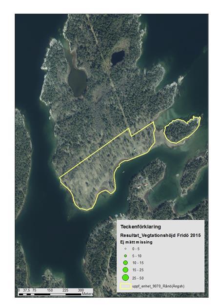 14 Figur 15. Rånö Ängsholme: Utbredning av vegetationshöjd cm 2011, (2015 ej mätt).