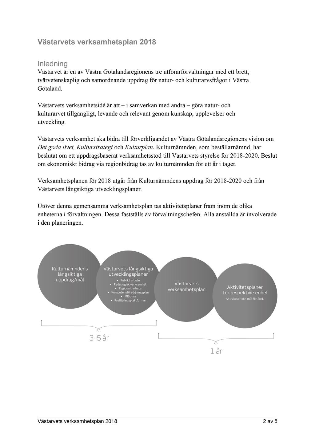 Västarvets verksamhetsplan 2018 Inledning Västarvet är en av Västra Götalandsregionens tre utförarförvaltningar med ett brett, tvärvetenskaplig och samordnande uppdrag för natur - och kult