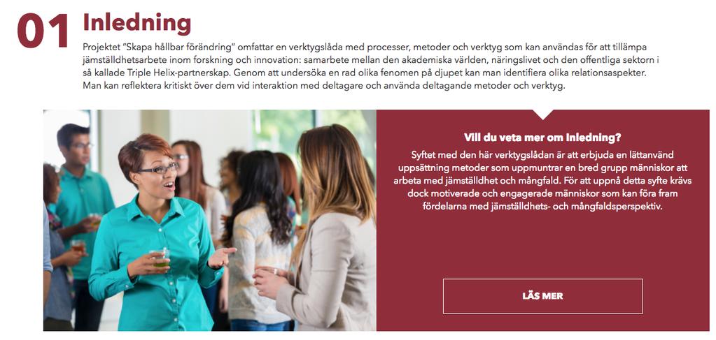 Skapa hållbar förändring omfattar en verktygslåda med processer, metoder och verktyg som kan användas för att tillämpa jämställdhetsarbete inom forskning och innovation: samarbete mellan den