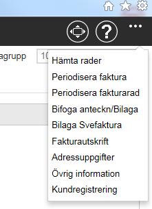 5 (9) Övriga funktioner Hämta rader Ange fakturanummer för den faktura som raderna ska hämtas ifrån. Skapas en kreditfaktura görs en koppling i reskontran mot motsvarande debet.