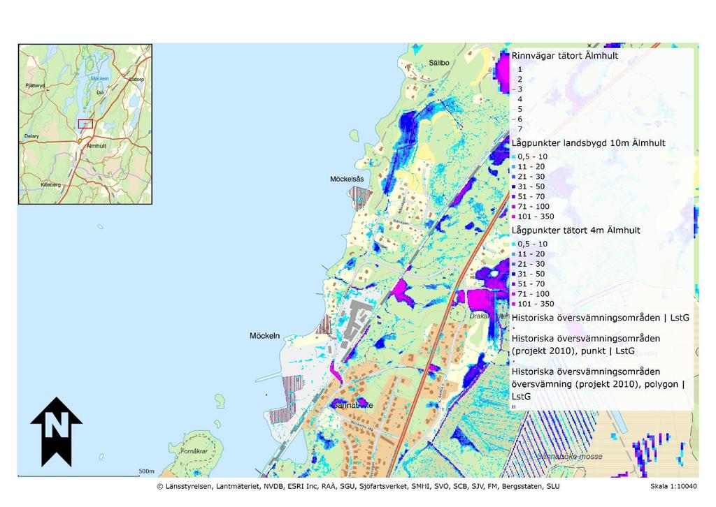 2017-07-07 13(25) Översvämningsrisk Så vitt kommunen känner till förekommer ingen generell översvämningsrisk i området, men det kan förekomma lokala lågpunkter inom planområdet som behöver fyllas upp