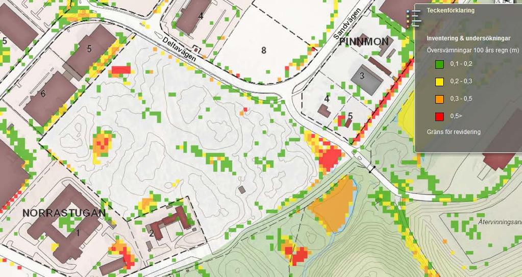 Utdrag ur översvämningskarteringen från 2015. Kartan redovisar 50 och 100års regn.