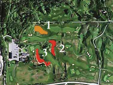 Naturvärdesinventering Lerjedalens golfbana, Naturcentrum AB Fig 5: Bedömt naturvärde av våtmarker: Högt naturvärde nr 2-3 (klass 2, röda ytor),