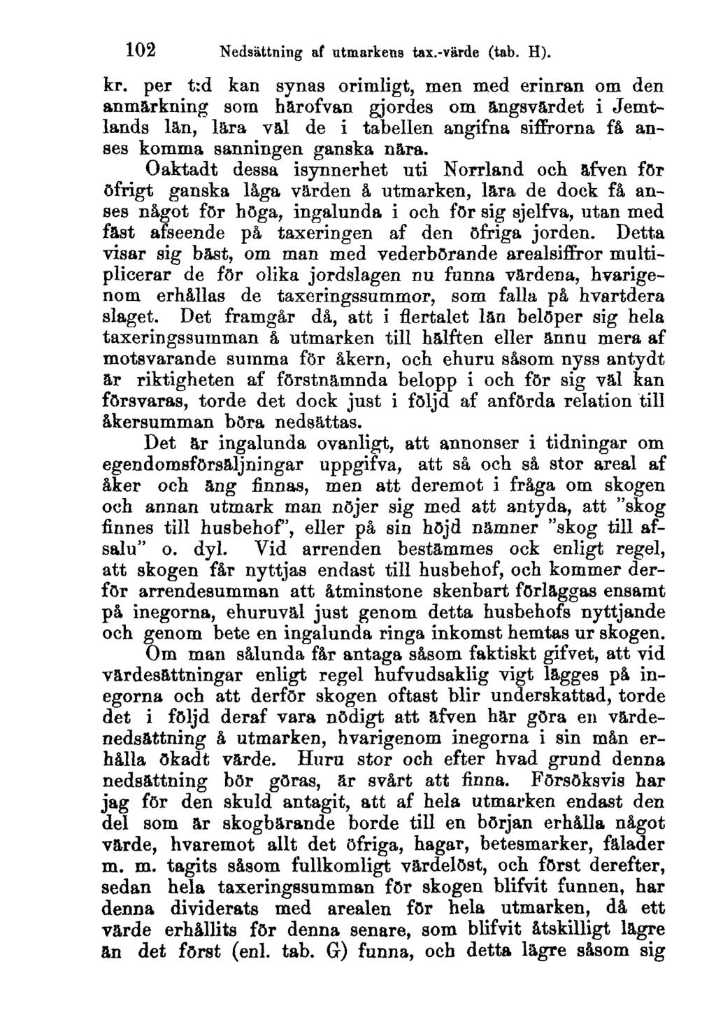102 Nedsättning af utmarkens tax.-värde (tab. H). kr.